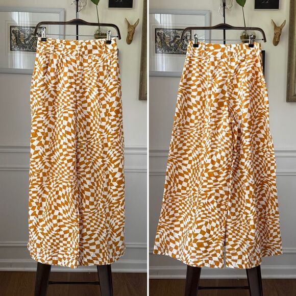 Free People Menorca Mustard Psychedelic Check Wide-Leg Cropped Pants 0 - Picture 2 of 10